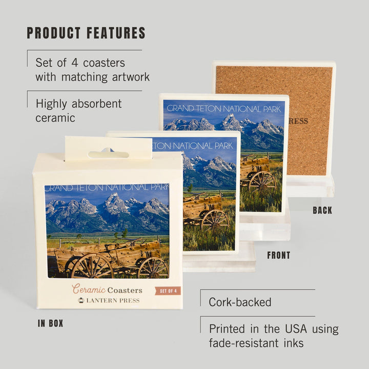Grand Teton National Park, Wyoming, Wagon and Mountains, Coasters Coasters Lantern Press 