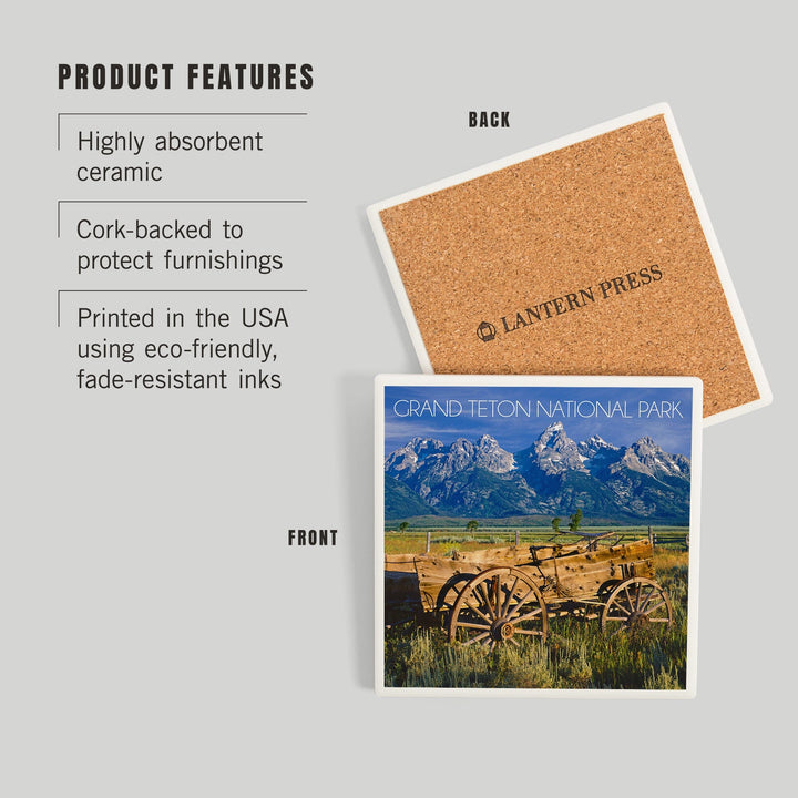 Grand Teton National Park, Wyoming, Wagon and Mountains, Coasters Coasters Lantern Press 