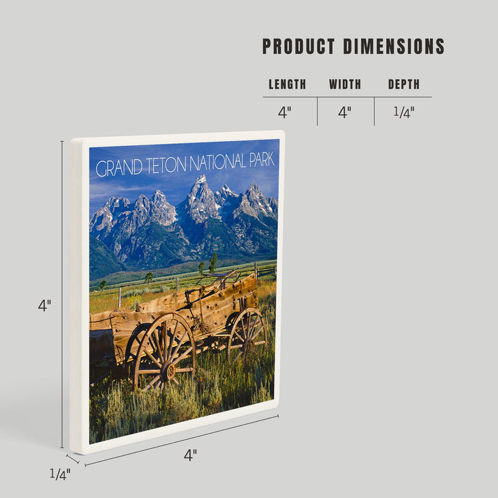 Grand Teton National Park, Wyoming, Wagon and Mountains, Coasters Coasters Lantern Press 