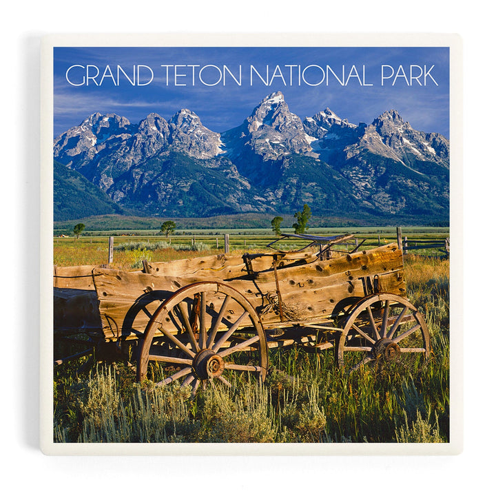 Grand Teton National Park, Wyoming, Wagon and Mountains, Coasters Coasters Lantern Press 