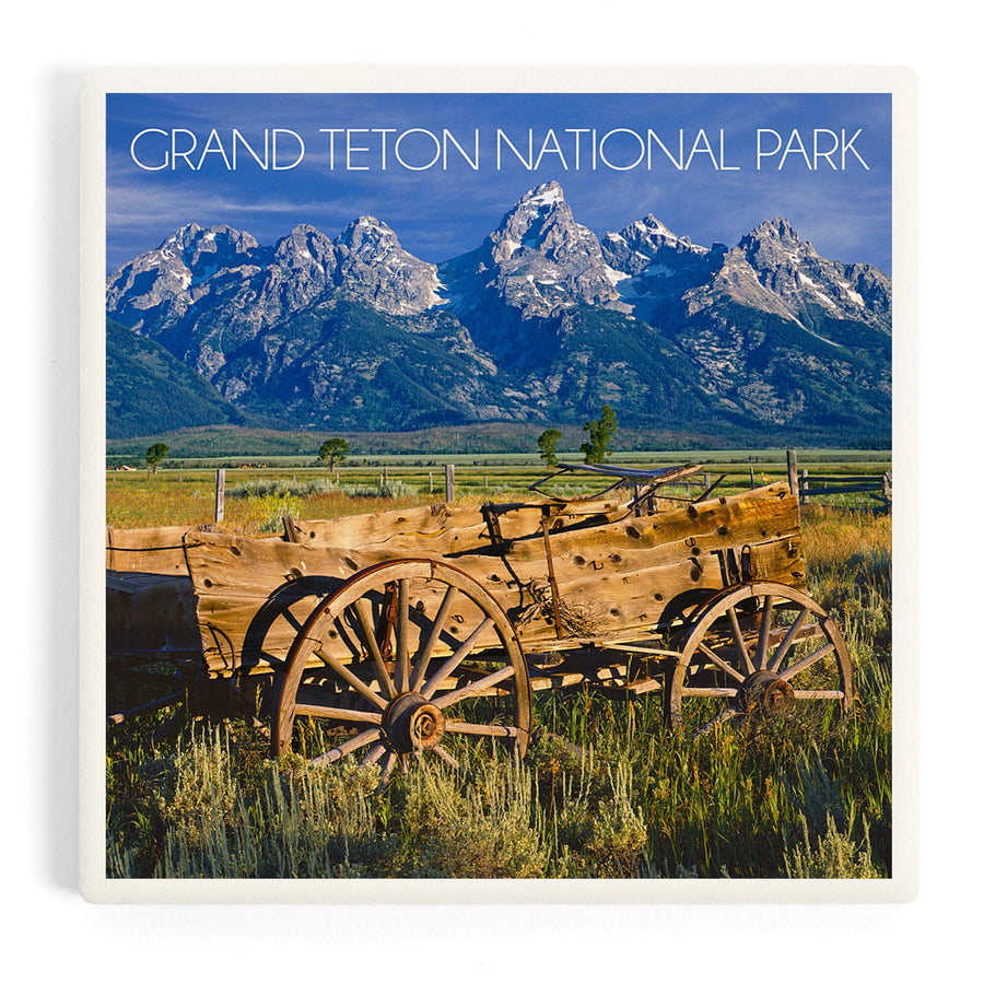 Grand Teton National Park, Wyoming, Wagon and Mountains, Coasters Coasters Lantern Press 