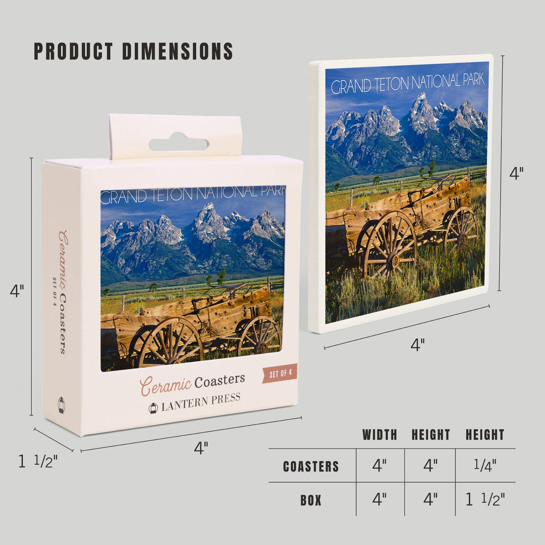 Grand Teton National Park, Wyoming, Wagon and Mountains, Coasters Coasters Lantern Press 