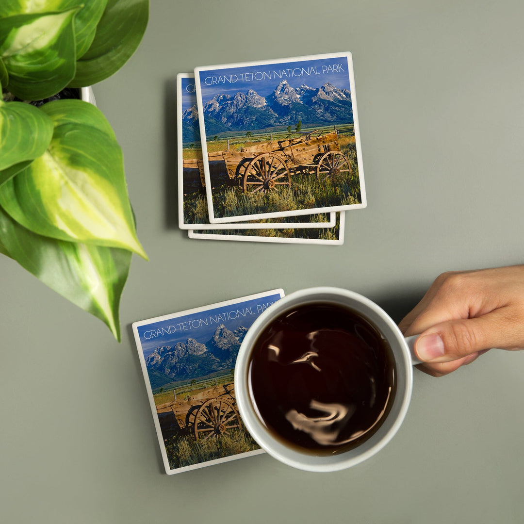 Grand Teton National Park, Wyoming, Wagon and Mountains, Coasters Coasters Lantern Press 