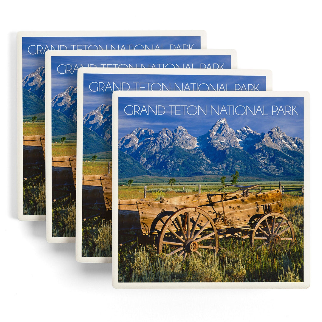 Grand Teton National Park, Wyoming, Wagon and Mountains, Coasters Coasters Lantern Press 