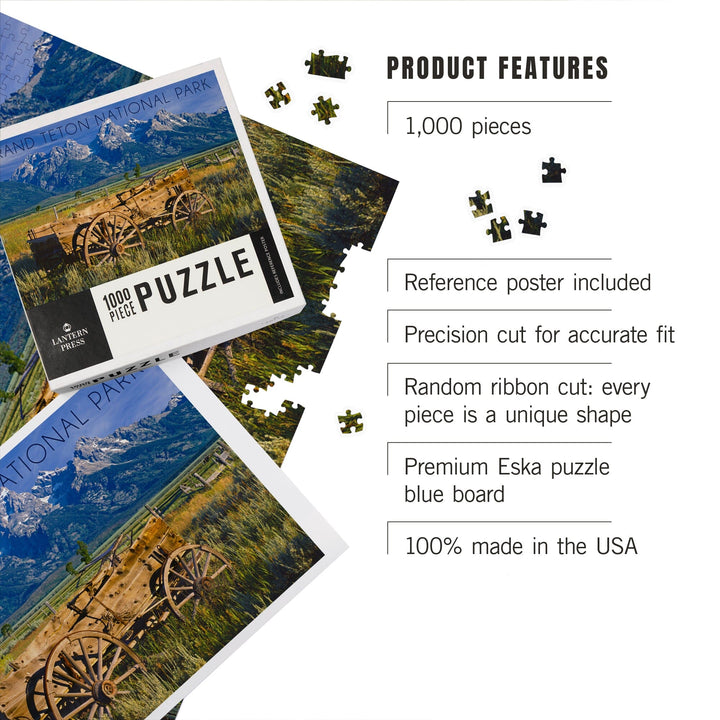 Grand Teton National Park, Wyoming, Wagon and Mountains, Jigsaw Puzzle Puzzle Lantern Press 