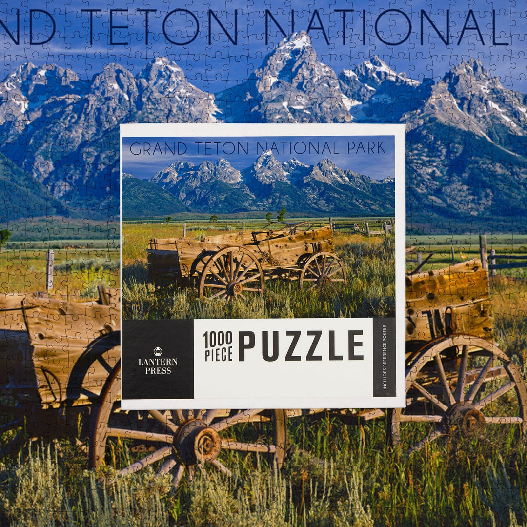 Grand Teton National Park, Wyoming, Wagon and Mountains, Jigsaw Puzzle Puzzle Lantern Press 