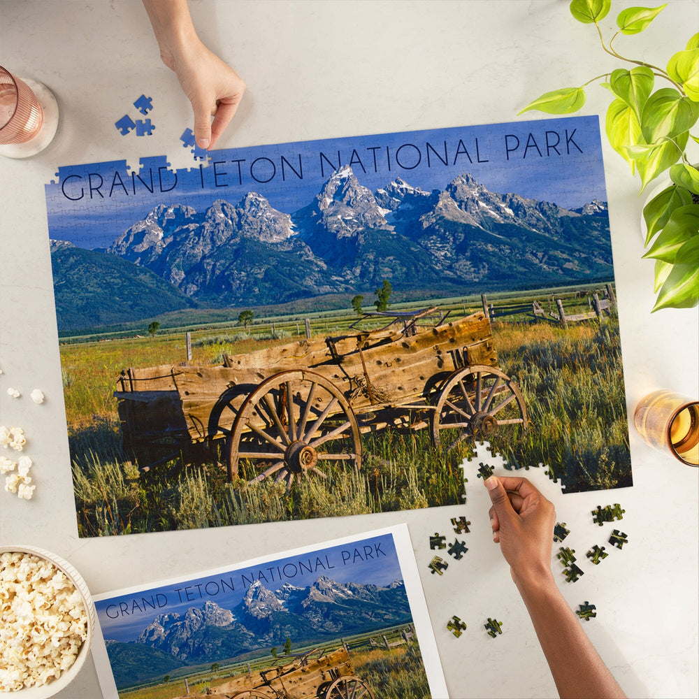 Grand Teton National Park, Wyoming, Wagon and Mountains, Jigsaw Puzzle Puzzle Lantern Press 