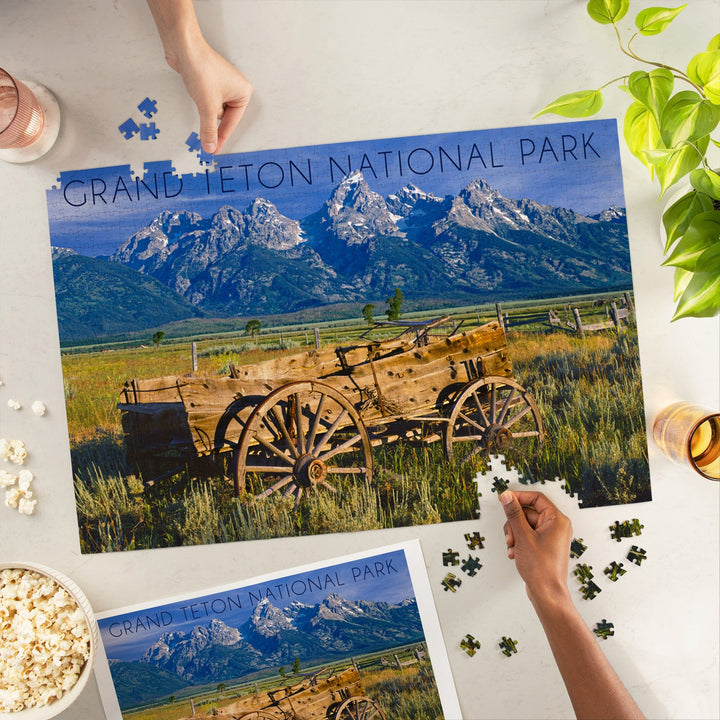 Grand Teton National Park, Wyoming, Wagon and Mountains, Jigsaw Puzzle Puzzle Lantern Press 