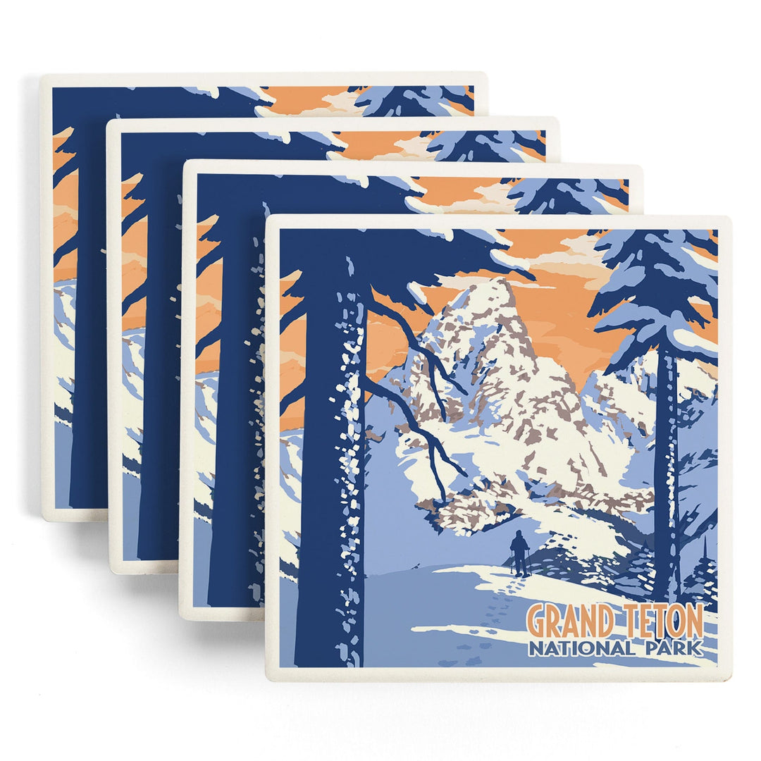 Grand Teton National Park, Wyoming, Winter Scene, Lantern Press Artwork, Coaster Set - Lantern Press