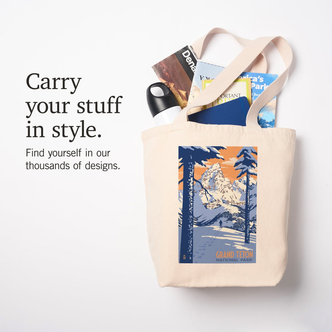 Grand Teton National Park, Wyoming, Winter Scene, Lantern Press Artwork, Tote Bag - Lantern Press