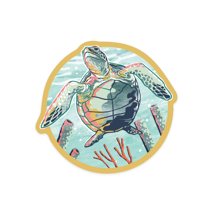 Graphic Pastel, Sea Turtle, Contour, Lantern Press Artwork, Vinyl Sticker - Lantern Press