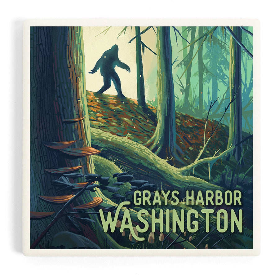 Grays Harbor, Washington, Get Outside Series, Wanderer, Bigfoot in Forest, Coasters Coasters Lantern Press 