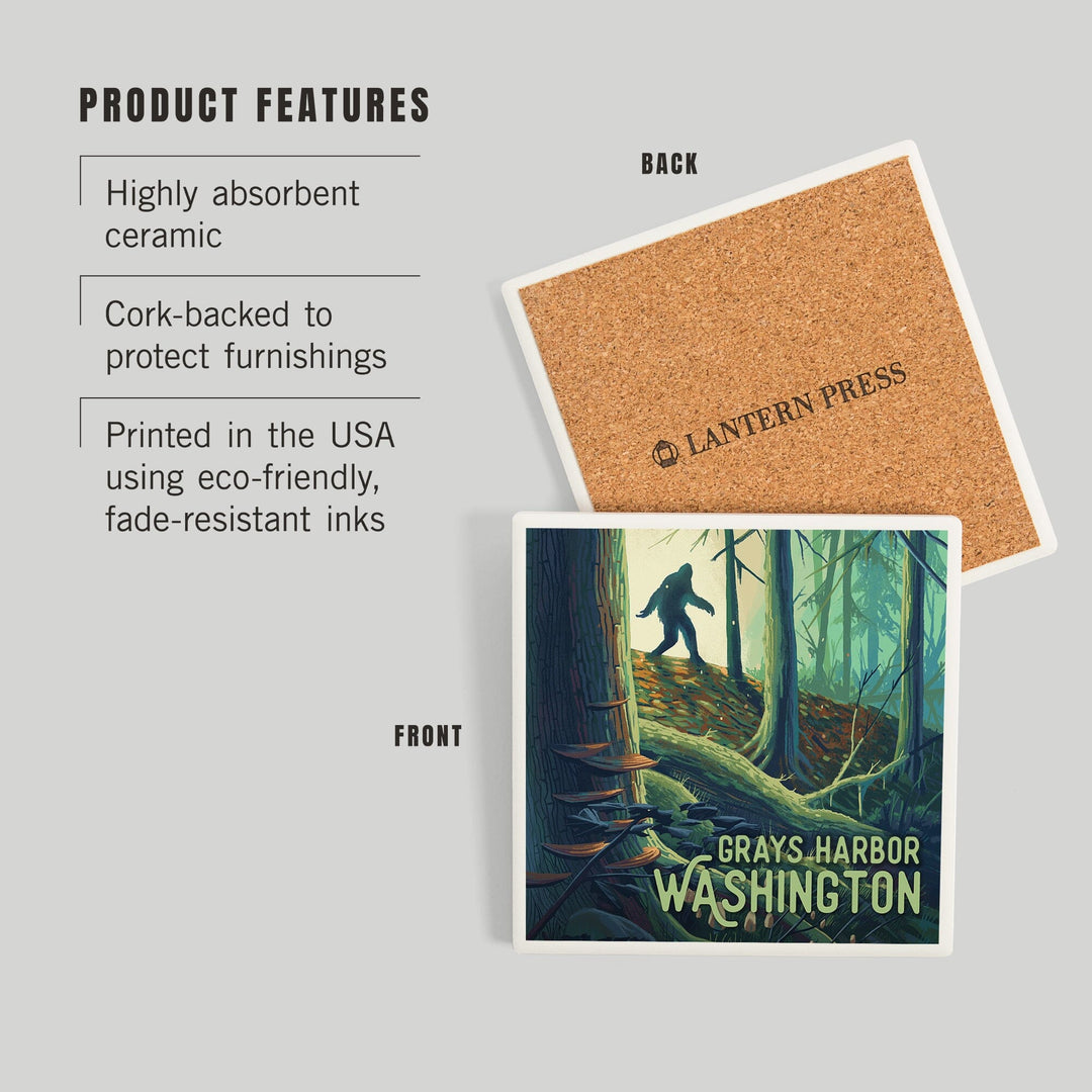 Grays Harbor, Washington, Get Outside Series, Wanderer, Bigfoot in Forest, Coasters Coasters Lantern Press 
