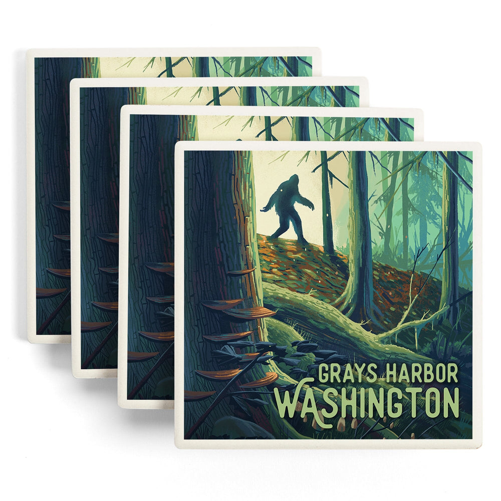 Grays Harbor, Washington, Get Outside Series, Wanderer, Bigfoot in Forest, Coasters Coasters Lantern Press 
