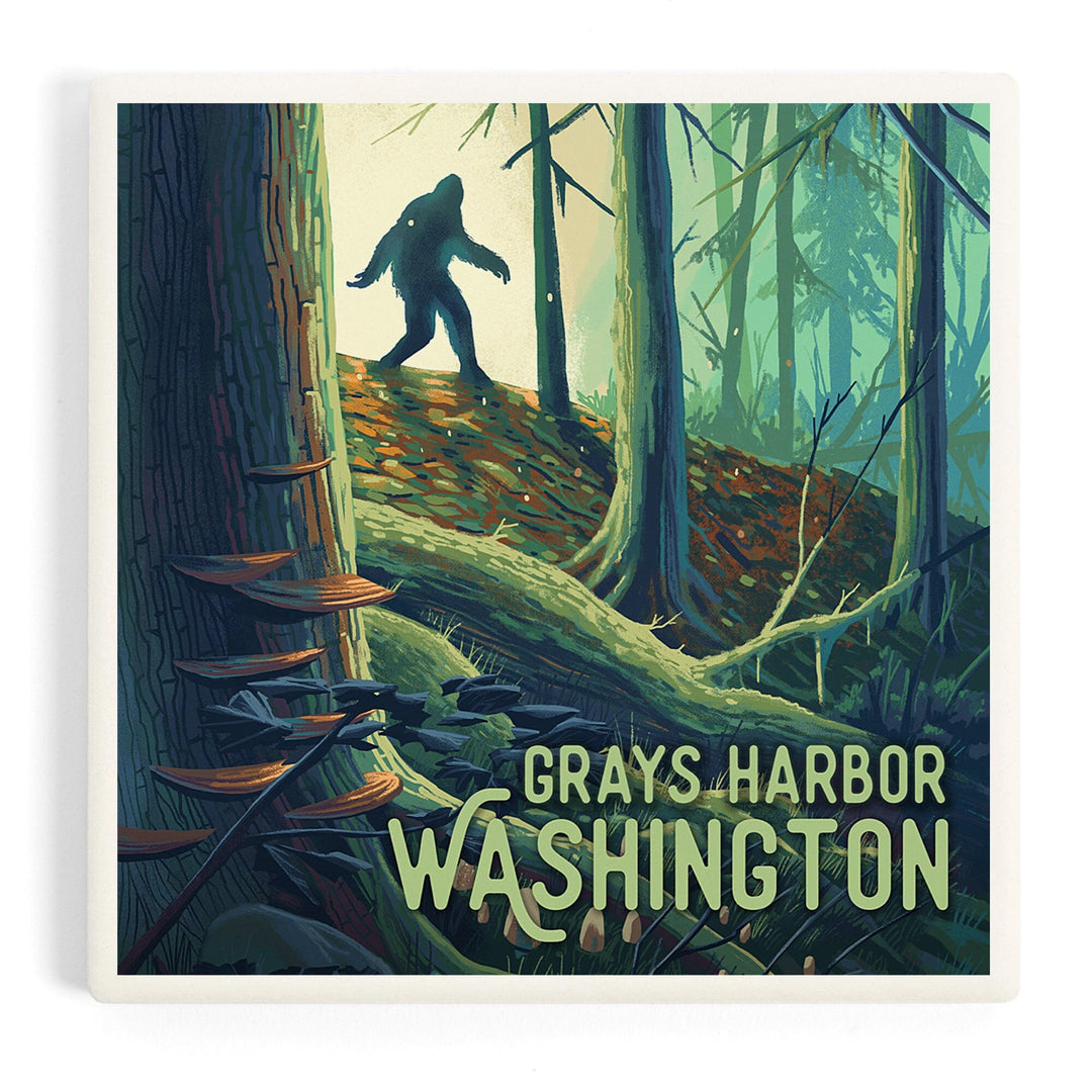 Grays Harbor, Washington, Get Outside Series, Wanderer, Bigfoot in Forest, Coasters Coasters Lantern Press Coaster 