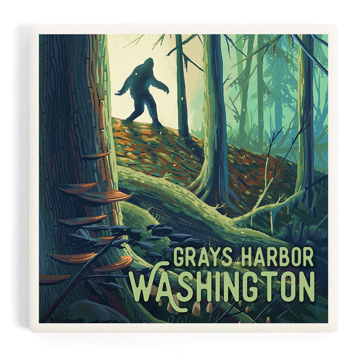 Grays Harbor, Washington, Get Outside Series, Wanderer, Bigfoot in Forest, Coasters Coasters Lantern Press Coaster 