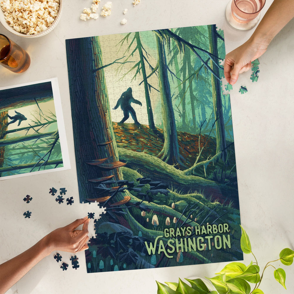 Grays Harbor, Washington, Get Outside Series, Wanderer, Bigfoot in Forest, Jigsaw Puzzle Puzzle Lantern Press 