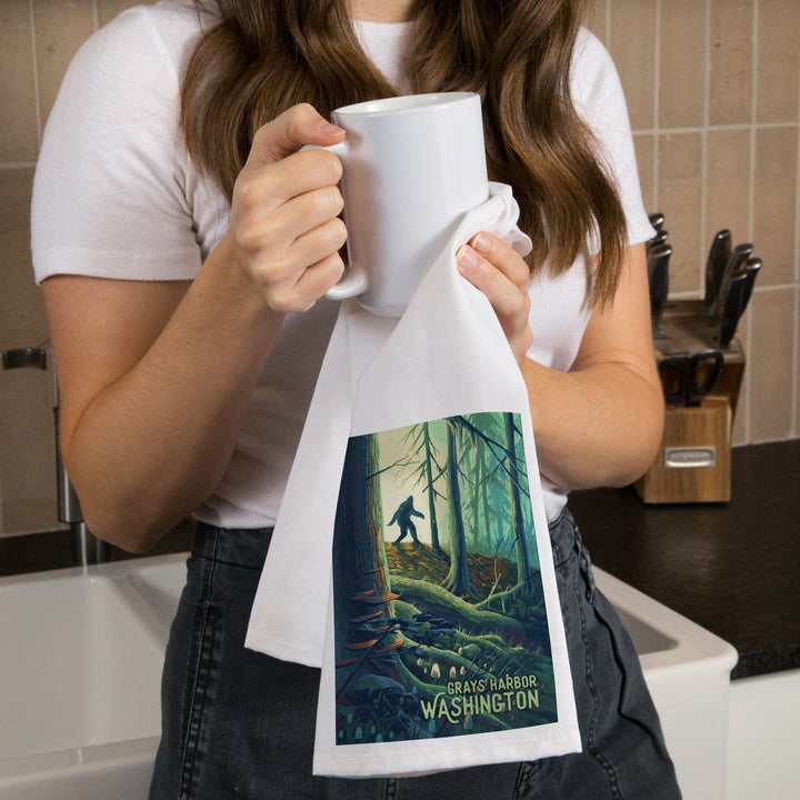 Grays Harbor, Washington, Get Outside Series, Wanderer, Bigfoot in Forest, Organic Cotton Kitchen Tea Towels Kitchen Lantern Press 