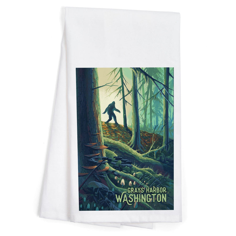 Grays Harbor, Washington, Get Outside Series, Wanderer, Bigfoot in Forest, Organic Cotton Kitchen Tea Towels Kitchen Lantern Press 