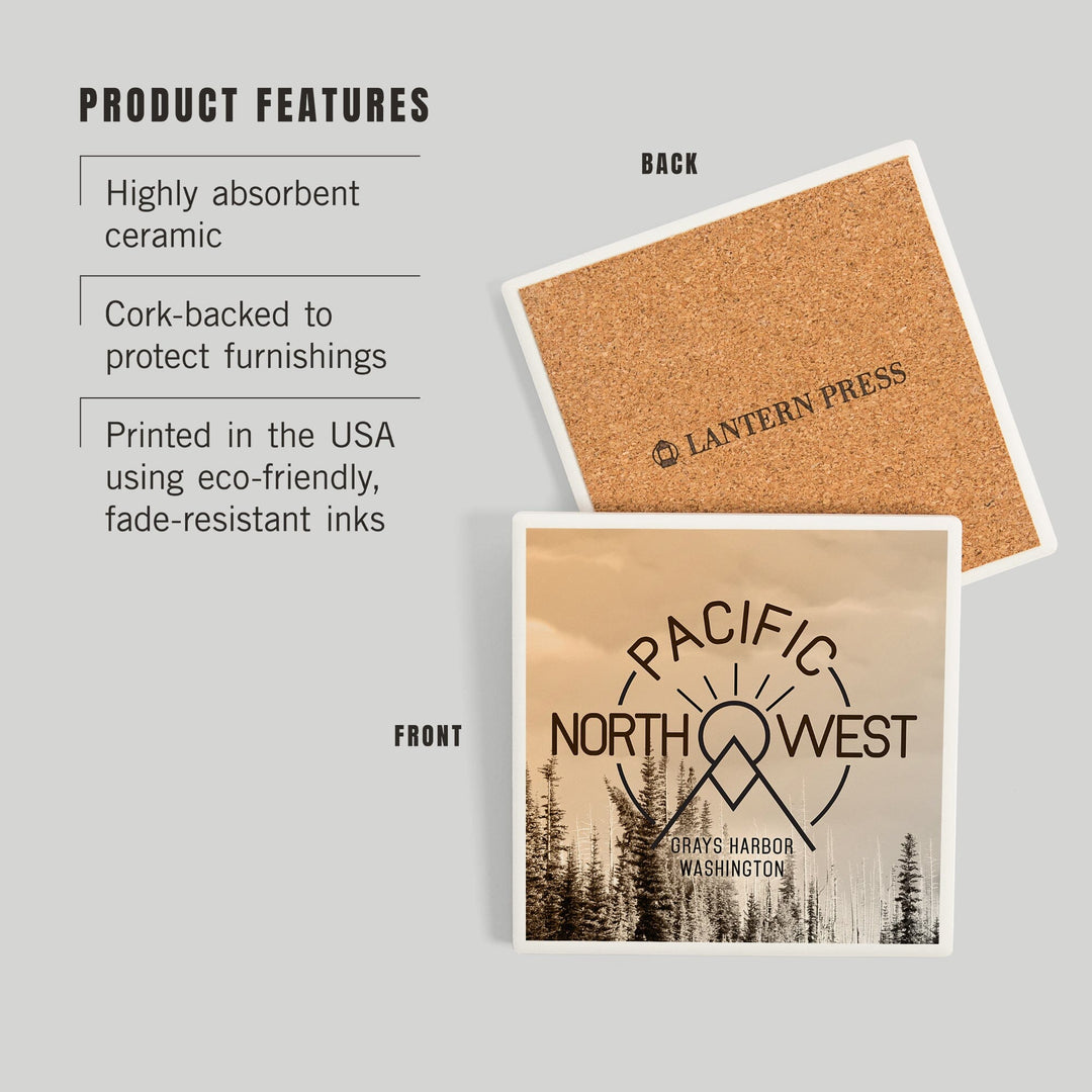Grays Harbor, Washington, Pacific Northwest, Badge and Forest, Coasters Coasters Lantern Press 