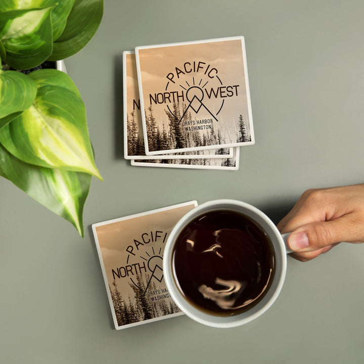 Grays Harbor, Washington, Pacific Northwest, Badge and Forest, Coasters Coasters Lantern Press 