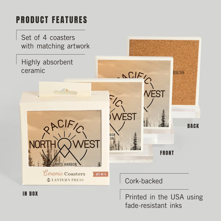 Grays Harbor, Washington, Pacific Northwest, Badge and Forest, Coasters Coasters Lantern Press 