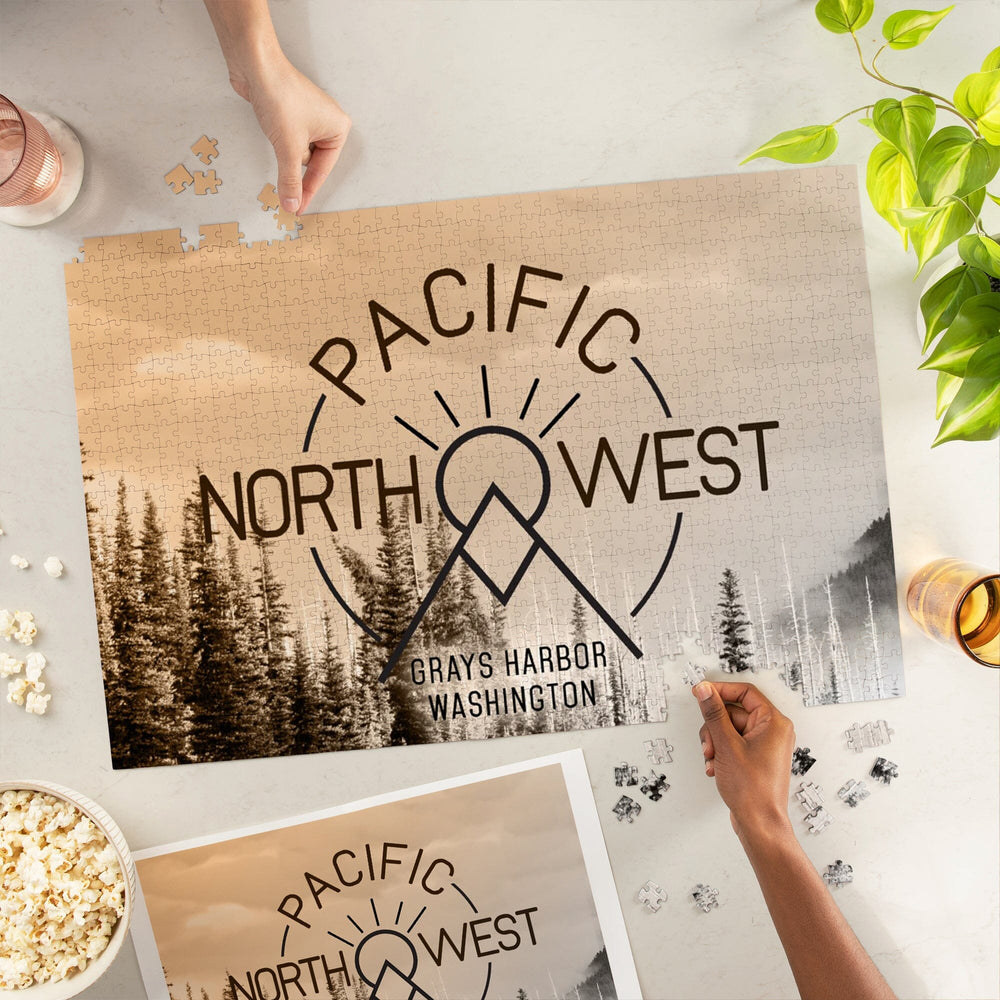 Grays Harbor, Washington, Pacific Northwest, Badge and Forest, Jigsaw Puzzle Puzzle Lantern Press 