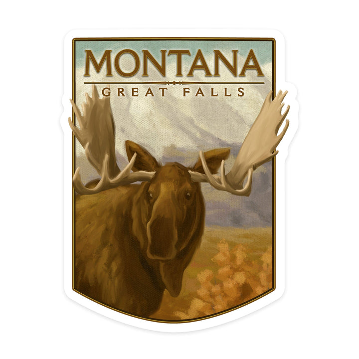 Great Falls, Montana, Moose, Oil Painting, Contour, Lantern Press Artwork, Vinyl Sticker - Lantern Press