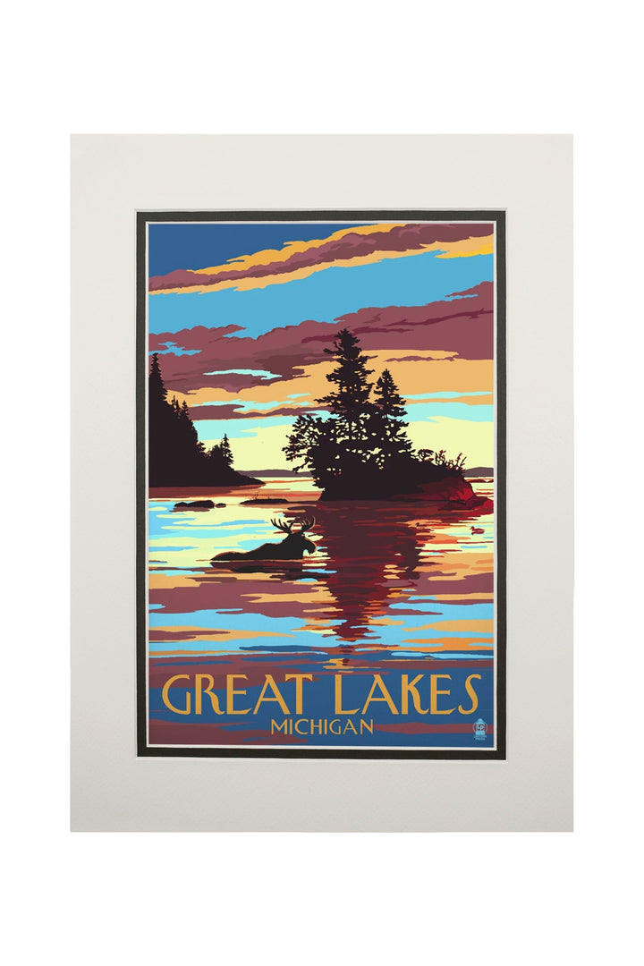 Great Lakes, Michigan, Moose Swimming at Sunset, Art & Giclee Prints Art Lantern Press 11 x 14 Matted Art Print 