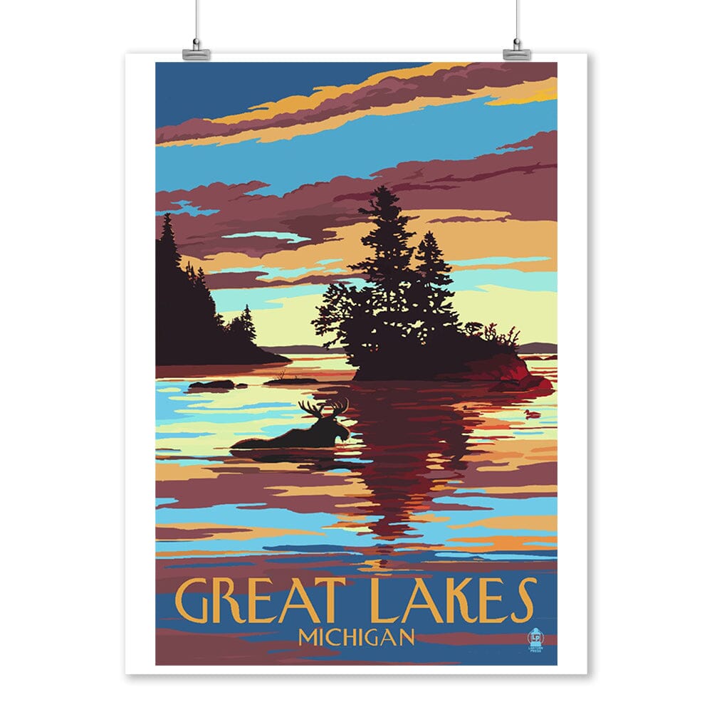 Great Lakes, Michigan, Moose Swimming at Sunset, Art & Giclee Prints Art Lantern Press 12 x 18 Art Print 