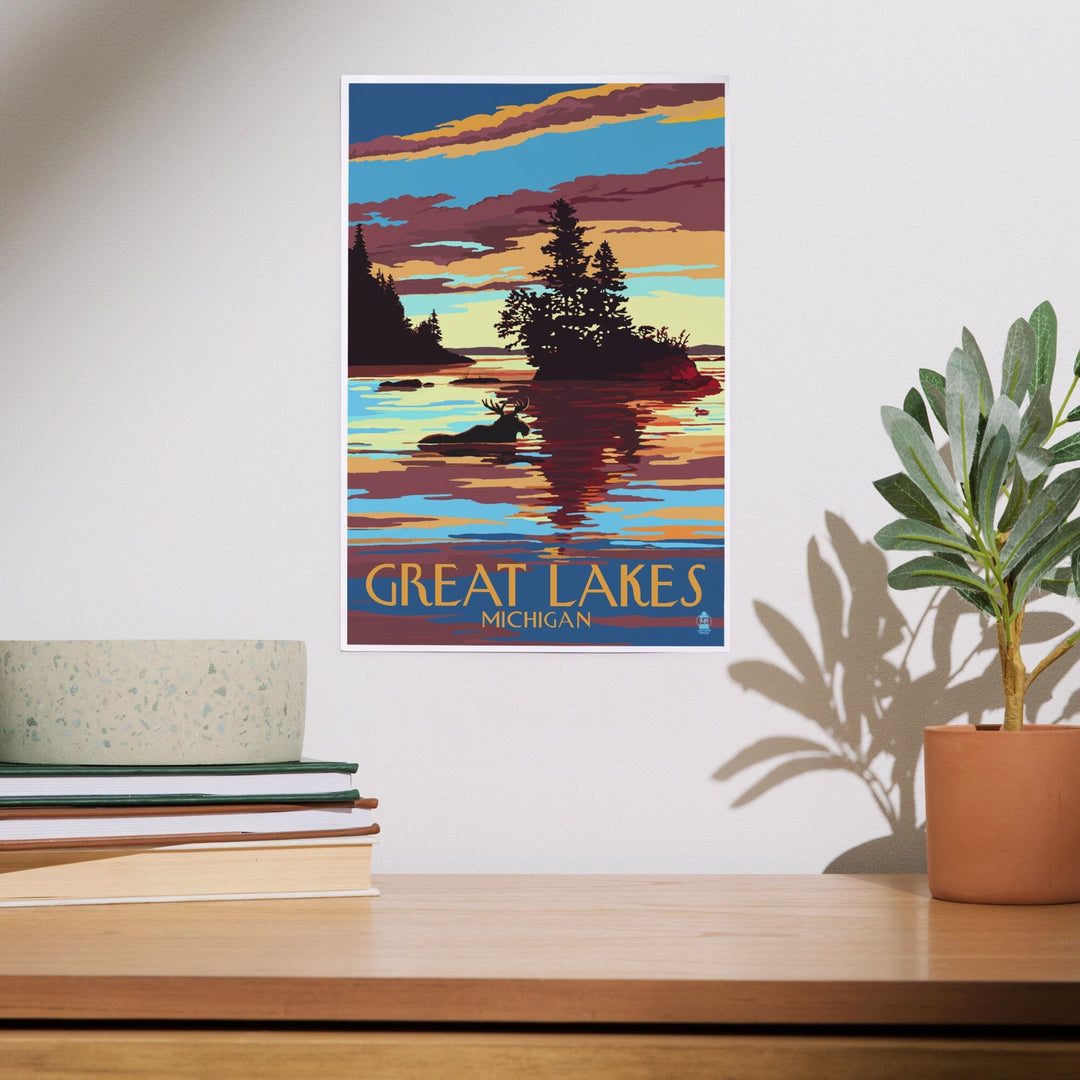 Great Lakes, Michigan, Moose Swimming at Sunset, Art & Giclee Prints Art Lantern Press 