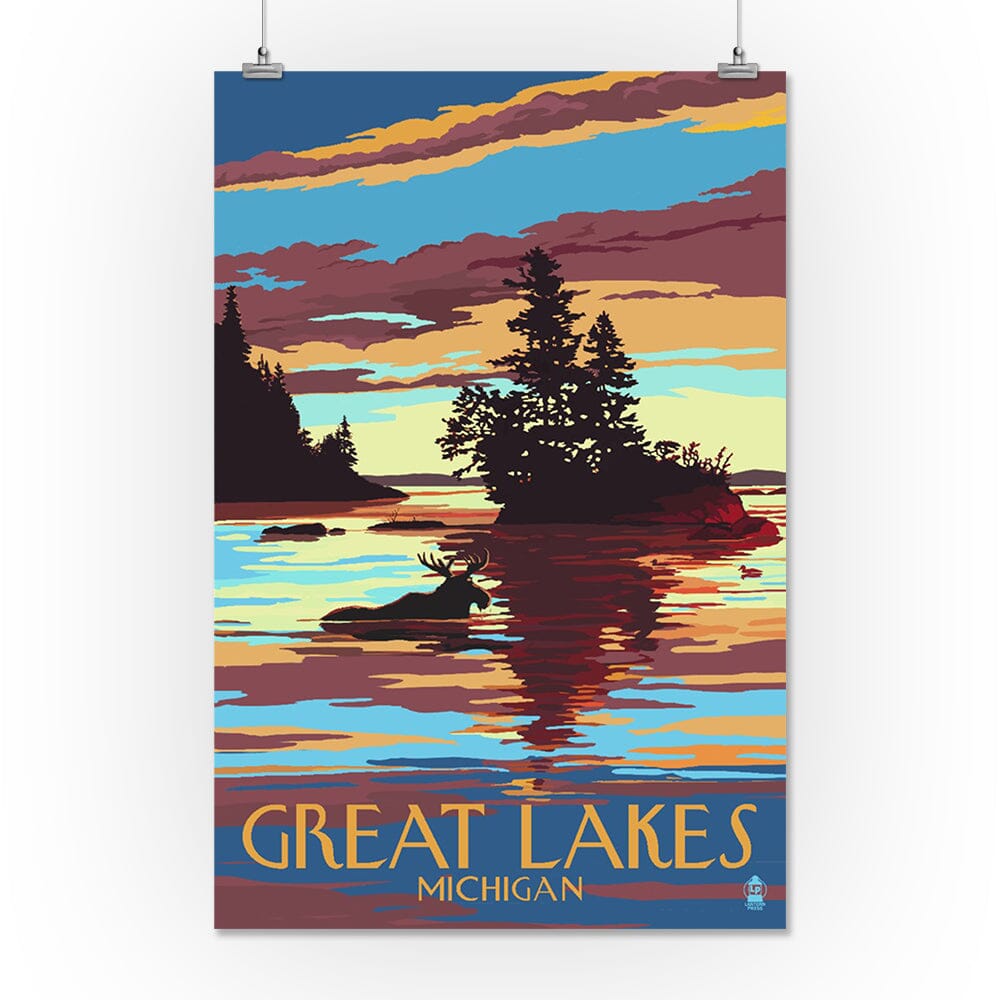 Great Lakes, Michigan, Moose Swimming at Sunset, Art & Giclee Prints Art Lantern Press 16 x 24 Giclee Print 