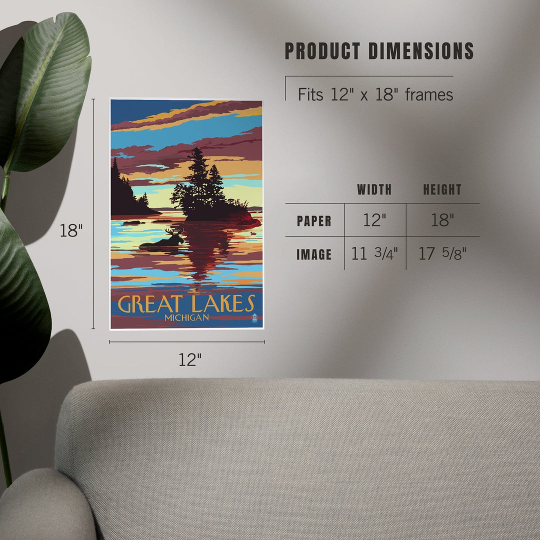 Great Lakes, Michigan, Moose Swimming at Sunset, Art & Giclee Prints Art Lantern Press 