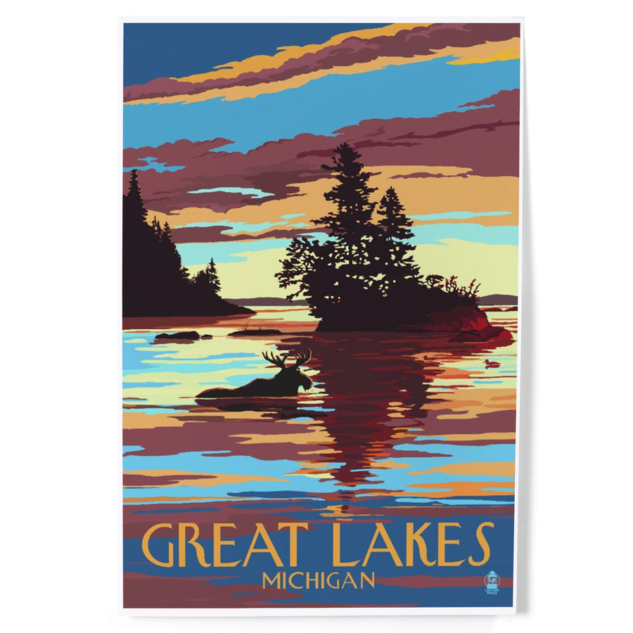 Great Lakes, Michigan, Moose Swimming at Sunset, Art & Giclee Prints Art Lantern Press 