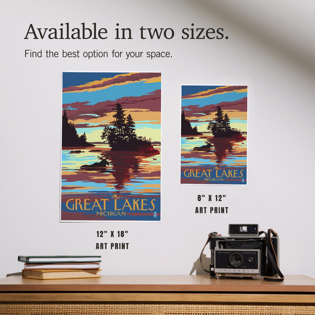 Great Lakes, Michigan, Moose Swimming at Sunset, Art & Giclee Prints Art Lantern Press 