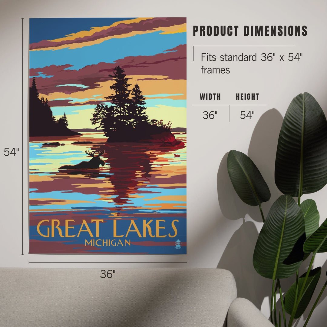 Great Lakes, Michigan, Moose Swimming at Sunset, Art & Giclee Prints Art Lantern Press 