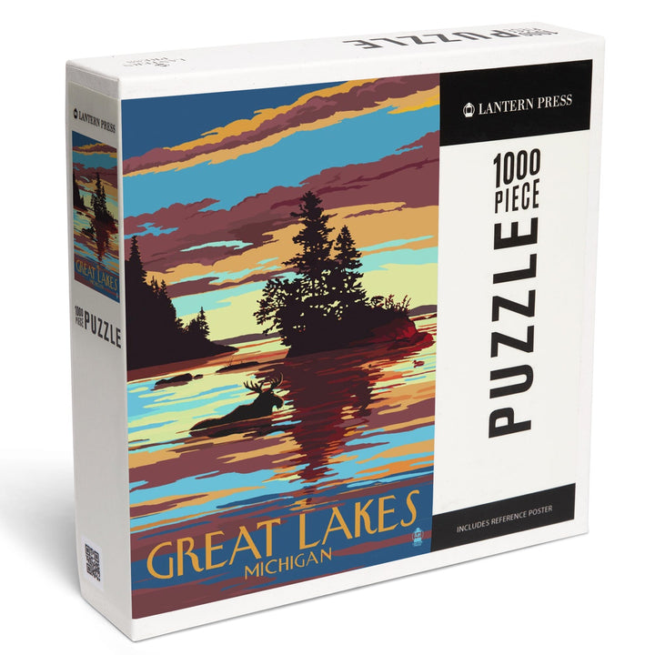 Great Lakes, Michigan, Moose Swimming at Sunset, Jigsaw Puzzle Puzzle Lantern Press 