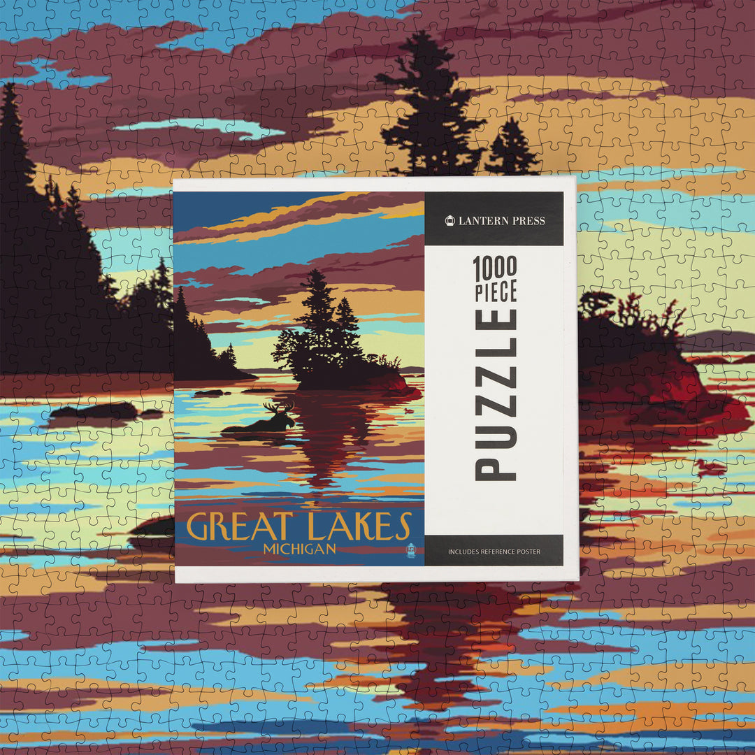 Great Lakes, Michigan, Moose Swimming at Sunset, Jigsaw Puzzle Puzzle Lantern Press 