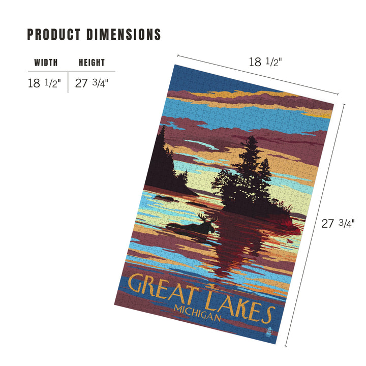 Great Lakes, Michigan, Moose Swimming at Sunset, Jigsaw Puzzle Puzzle Lantern Press 