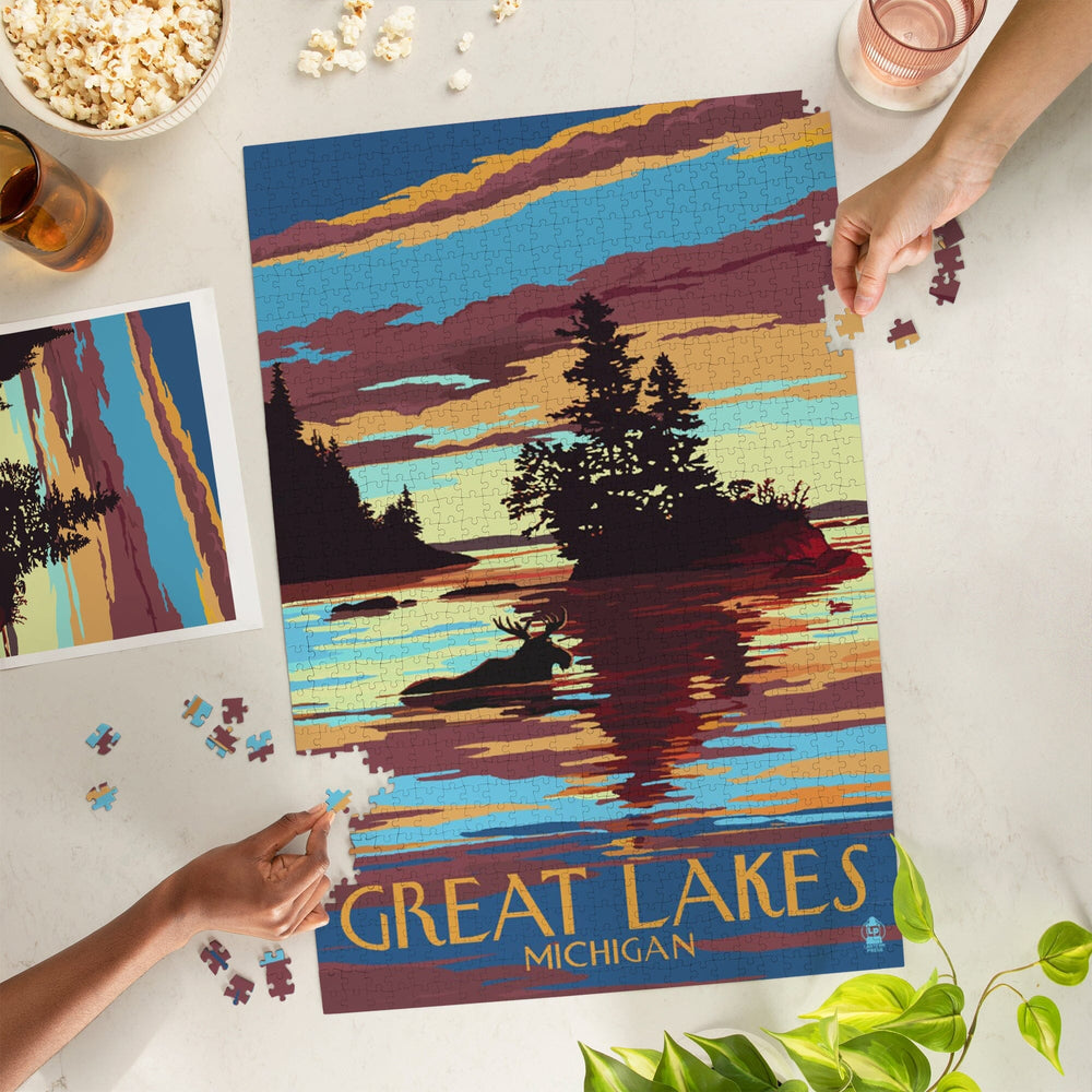 Great Lakes, Michigan, Moose Swimming at Sunset, Jigsaw Puzzle Puzzle Lantern Press 