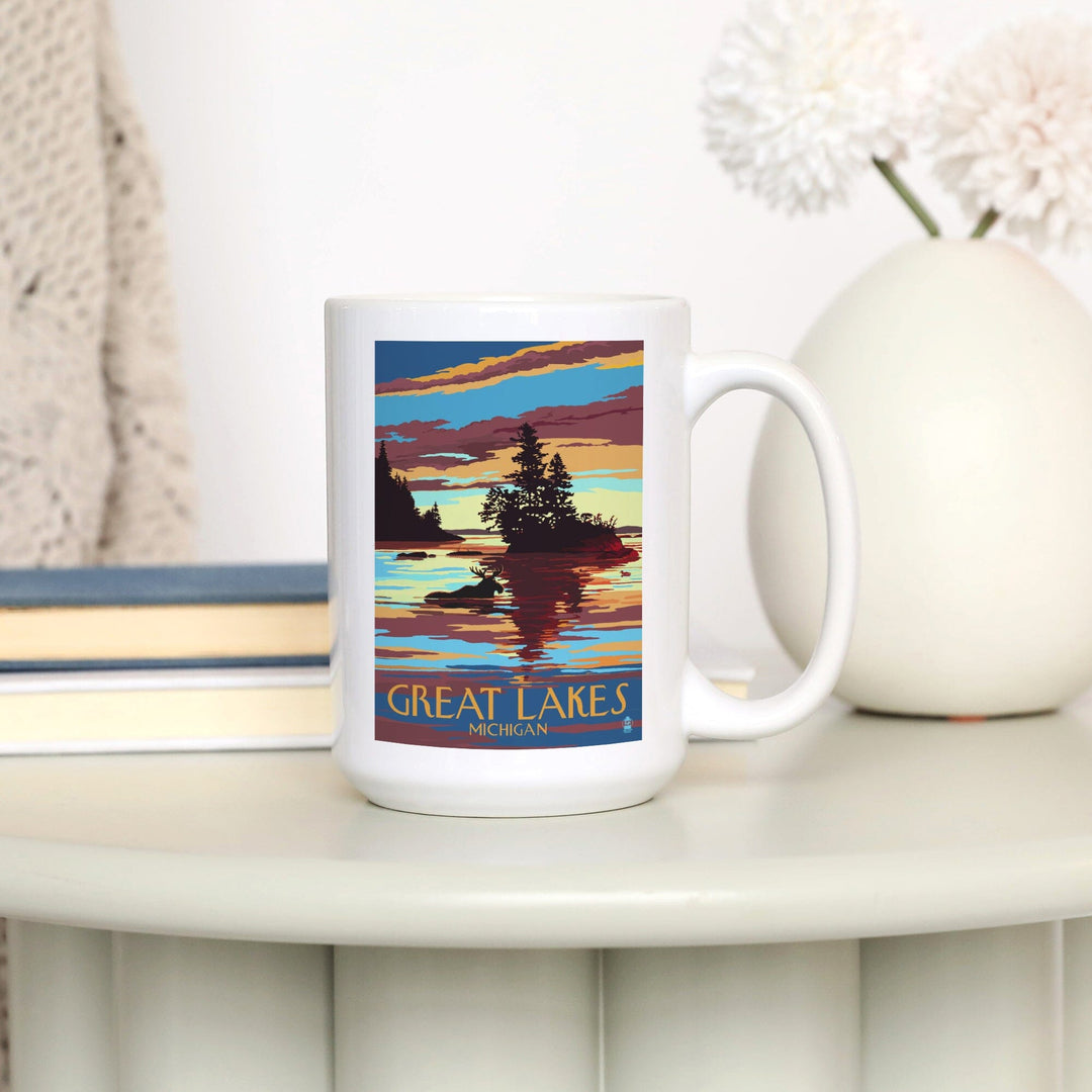 Great Lakes, Michigan, Moose Swimming at Sunset, Lantern Press Artwork, Ceramic Mug Mugs Lantern Press 