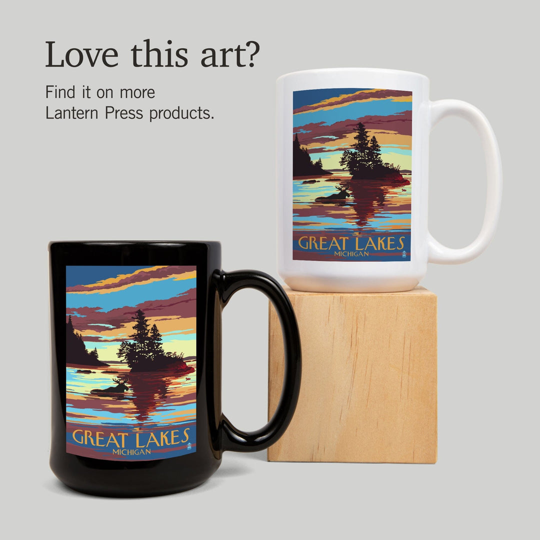 Great Lakes, Michigan, Moose Swimming at Sunset, Lantern Press Artwork, Ceramic Mug Mugs Lantern Press 