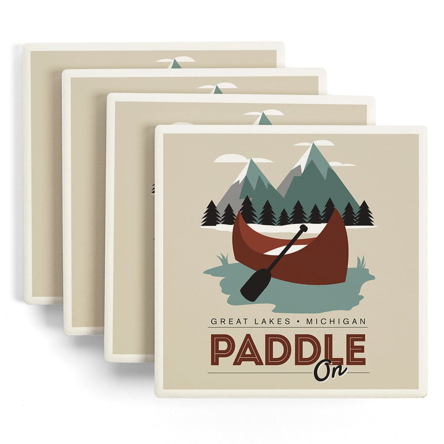 Great Lakes, Michigan, Paddle On, Contour, Lantern Press Artwork, Coaster Set - Lantern Press