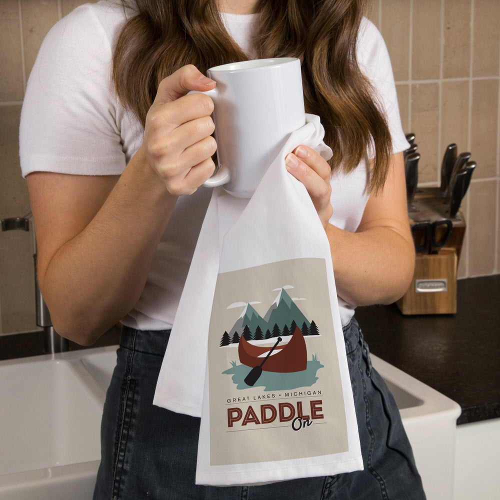 Great Lakes, Michigan, Paddle On, Contour, Organic Cotton Kitchen Tea Towels Kitchen Lantern Press 