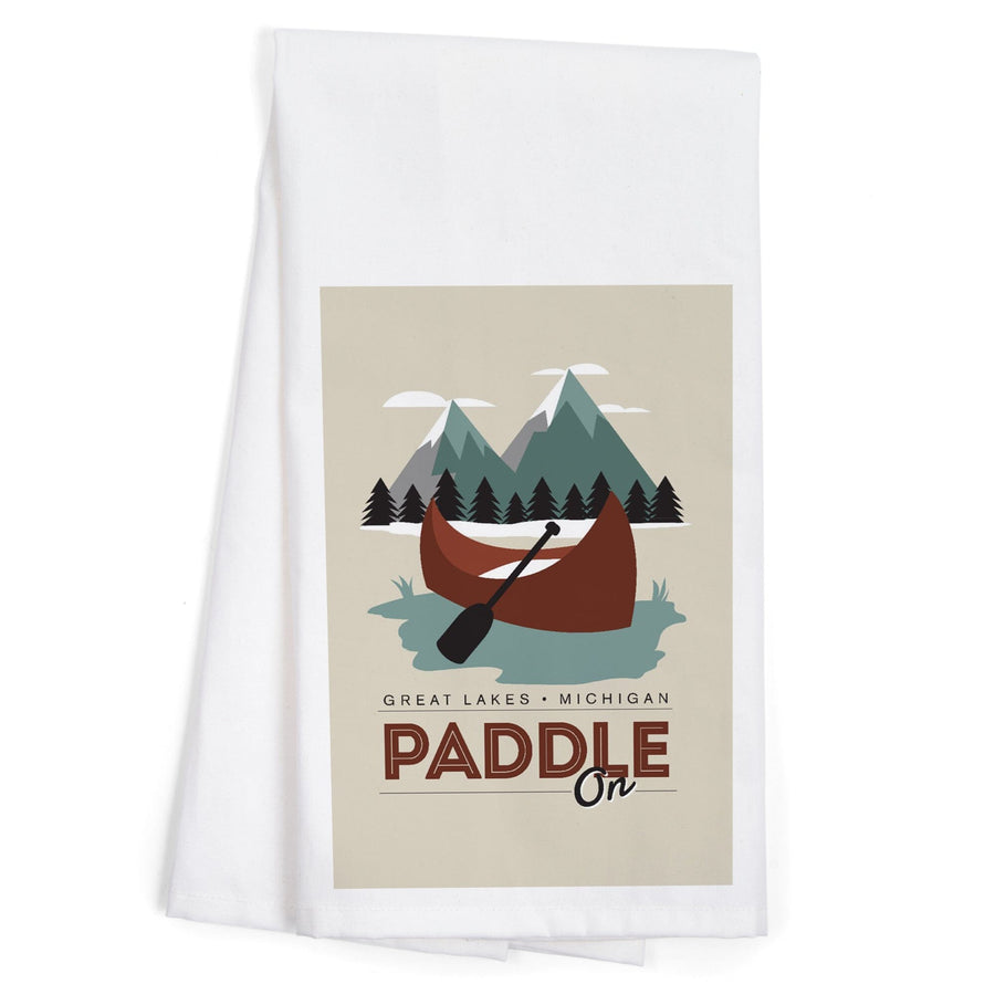 Great Lakes, Michigan, Paddle On, Contour, Organic Cotton Kitchen Tea Towels Kitchen Lantern Press 