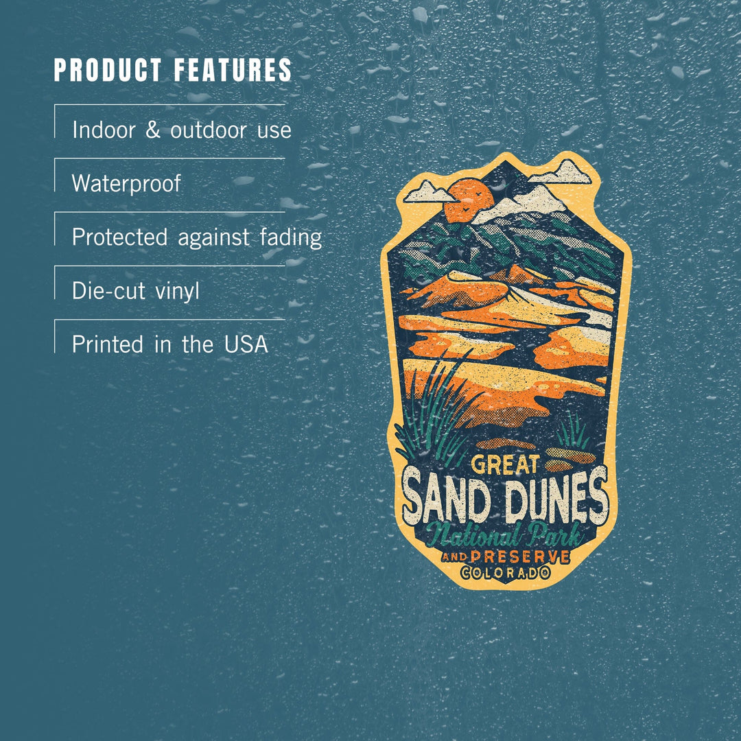 Great Sand Dunes National Park and Preserve, Colorado, Distressed Vector, Contour, Lantern Press Artwork, Vinyl Sticker Sticker Lantern Press 
