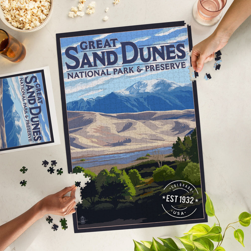 Great Sand Dunes National Park and Preserve, Colorado, Rubber Stamp, Jigsaw Puzzle Puzzle Lantern Press 