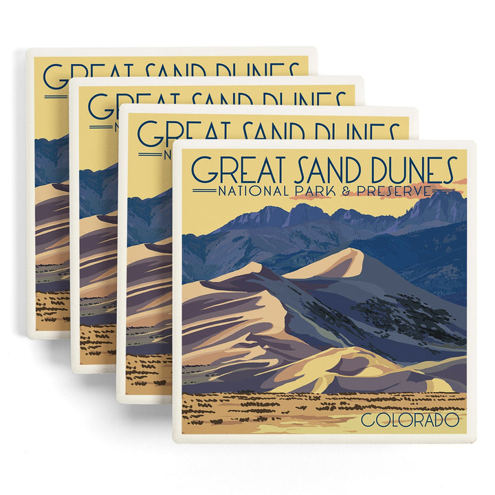 Great Sand Dunes National Park & Preserve, Colorado, Dunes at Sunset, Lantern Press Artwork, Coaster Set - Lantern Press