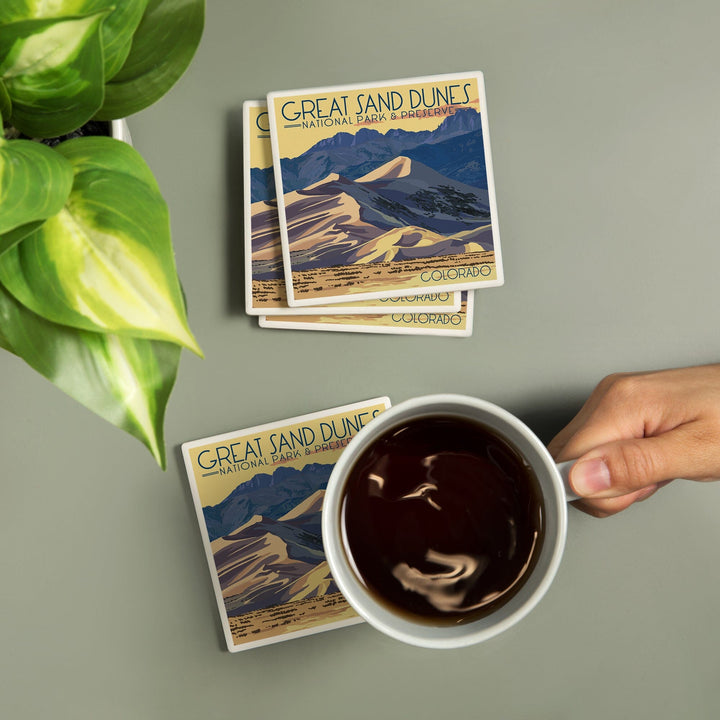 Great Sand Dunes National Park & Preserve, Colorado, Dunes at Sunset, Lantern Press Artwork, Coaster Set - Lantern Press