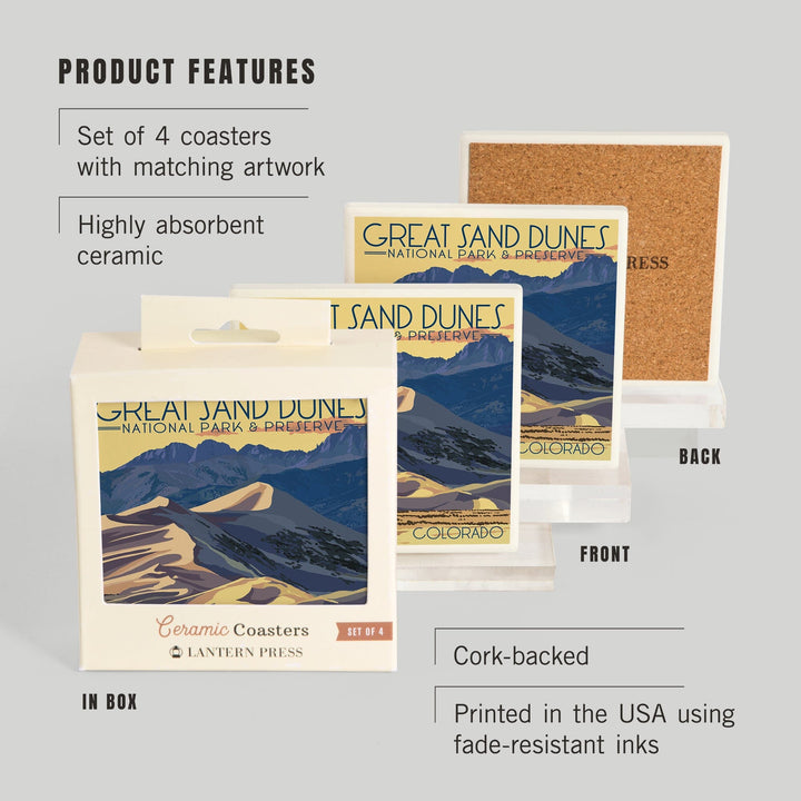 Great Sand Dunes National Park & Preserve, Colorado, Dunes at Sunset, Lantern Press Artwork, Coaster Set - Lantern Press